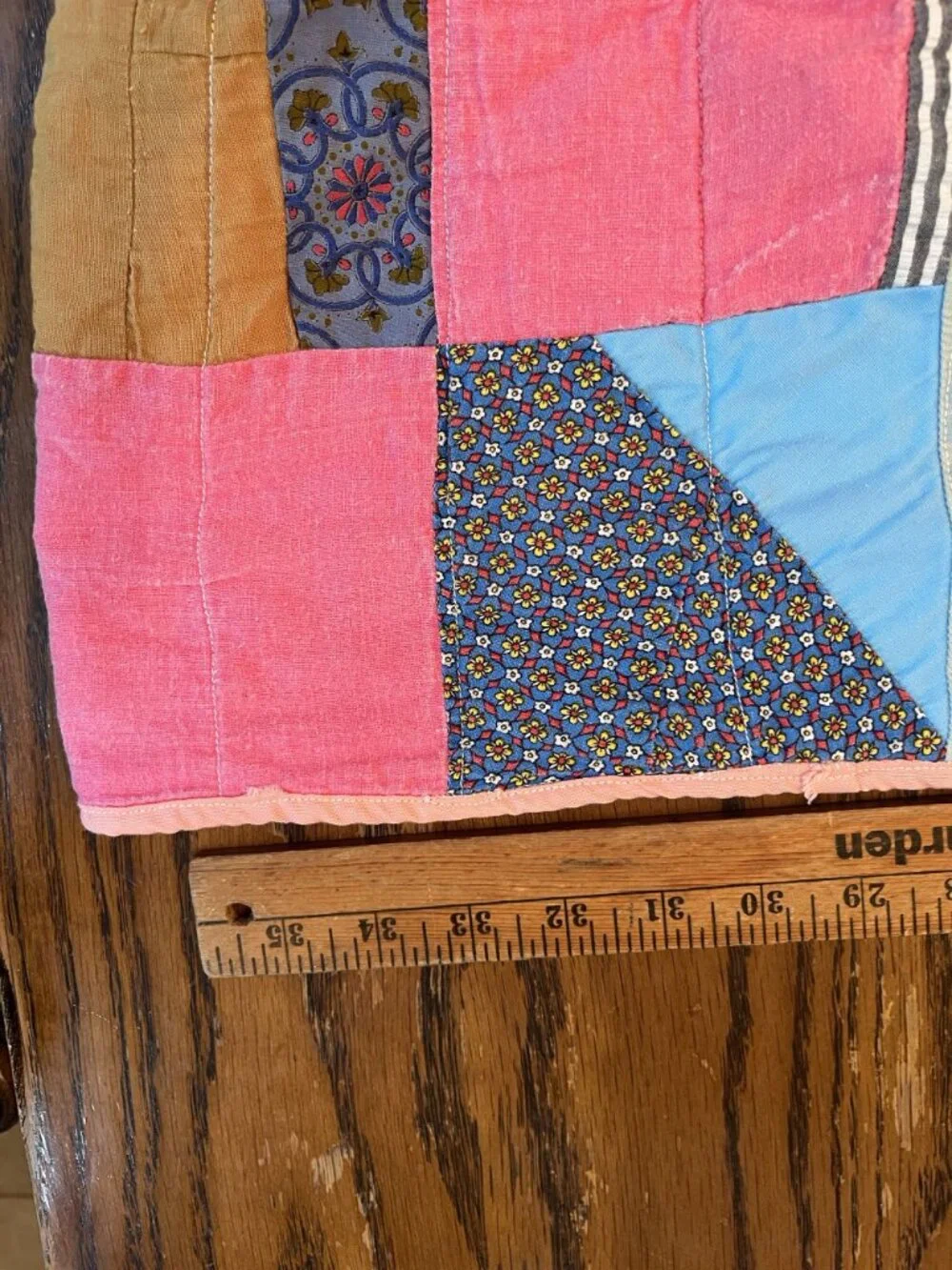 Handmade Vintage Patchwork Quilt With Multi-Color Squares & Pink Trim